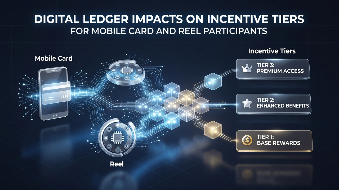 Digital ledger technology visualization showing blockchain nodes connected to mobile gaming interfaces with tiered reward icons