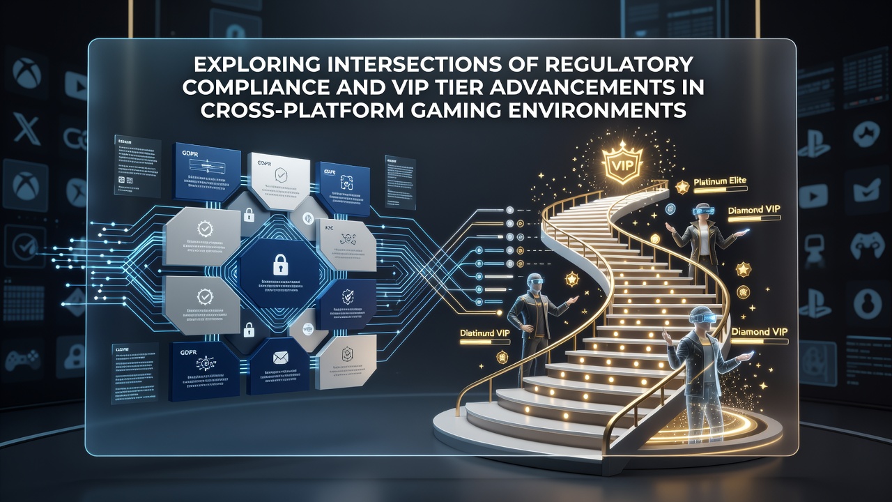 Cross-platform gaming dashboard showing regulatory compliance metrics alongside VIP tier progression indicators across mobile and desktop interfaces