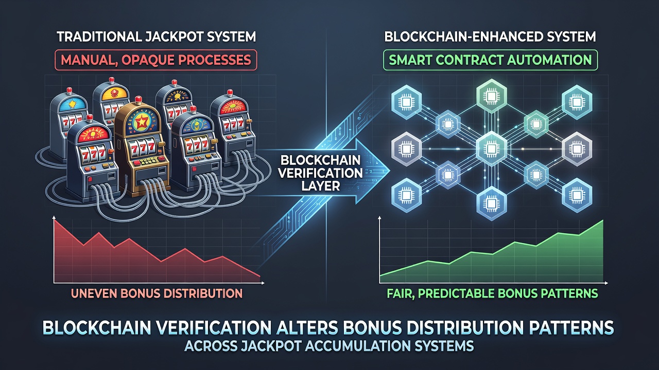 Network diagram showing interconnected jackpot pools with verified player contributions flowing into distributed bonus distribution nodes