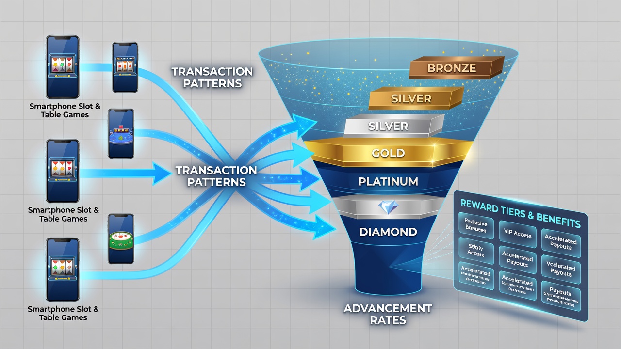 Analytics dashboard showing transaction frequency graphs linked to reward tier progression timelines for mobile casino users