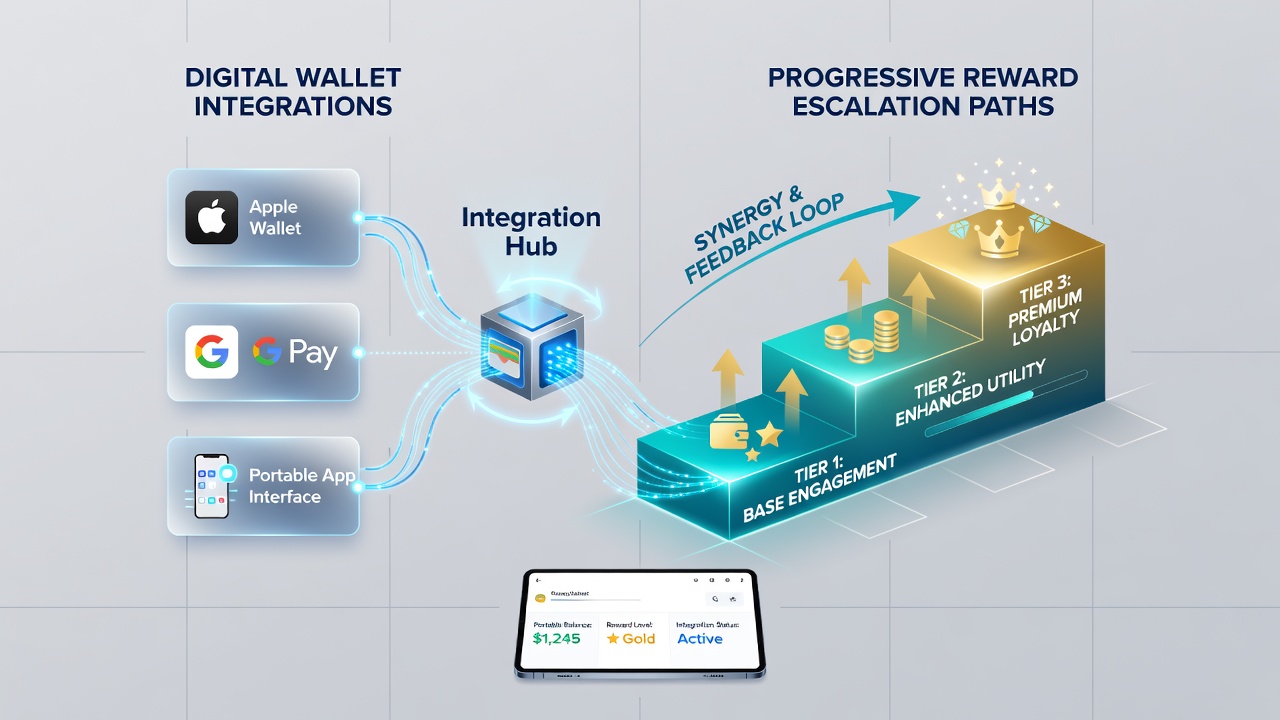 Mobile interface displaying progressive reward tiers synchronized with digital wallet activity in a chance and strategy gaming app